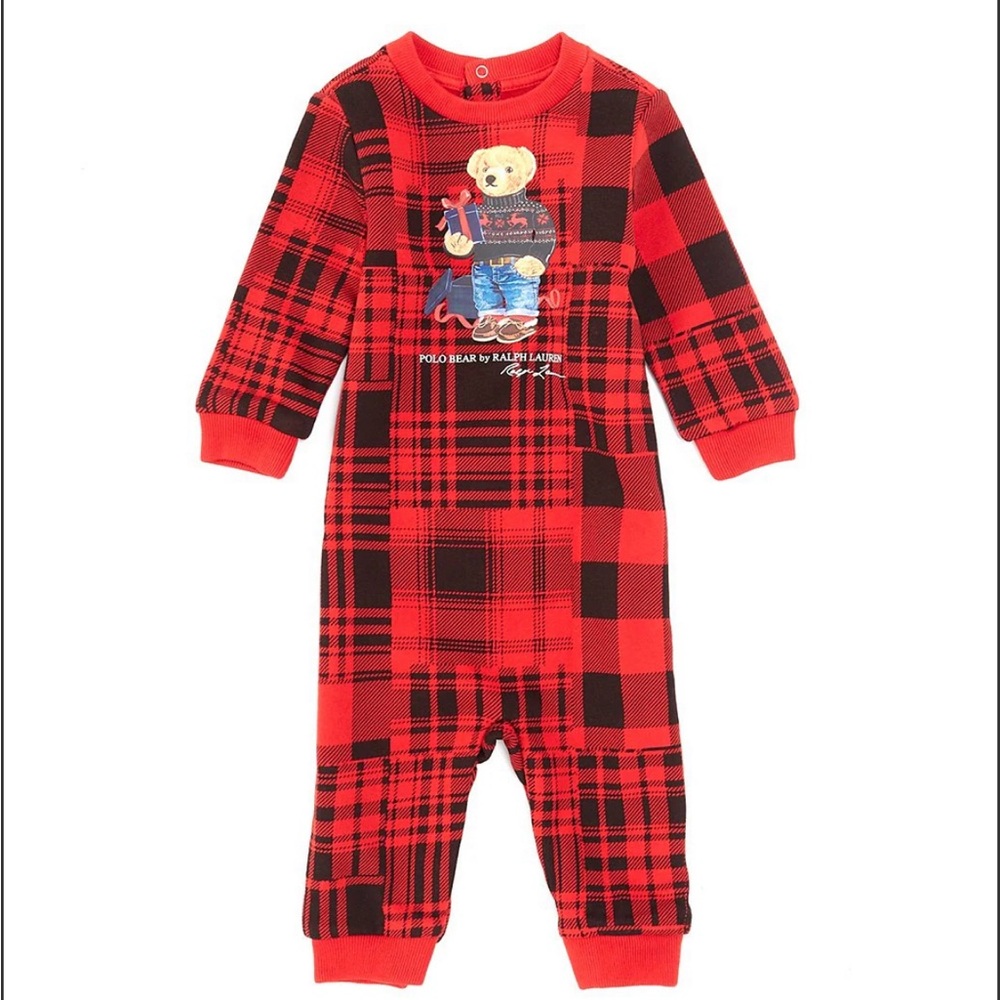 NWT Baby 6-9 months Long Sleeve Polo Holiday Bear Plaid Fleece Coverall
